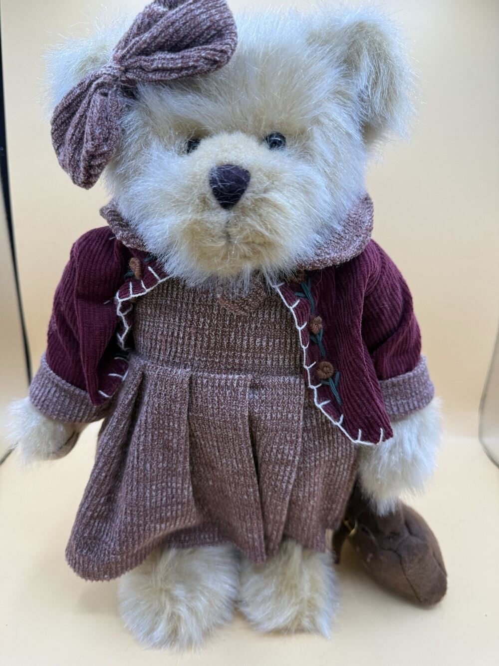Vintage Plush Teddy Bear Burgundy Jacket Pink Dress Bow Purse 11” Stuffed Animal